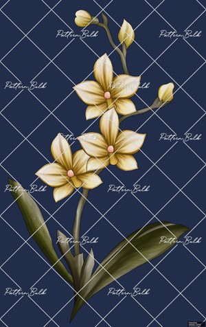 Golden Orchid Bloom on Navy Blue Diamond Grid | High-Quality Textile ...